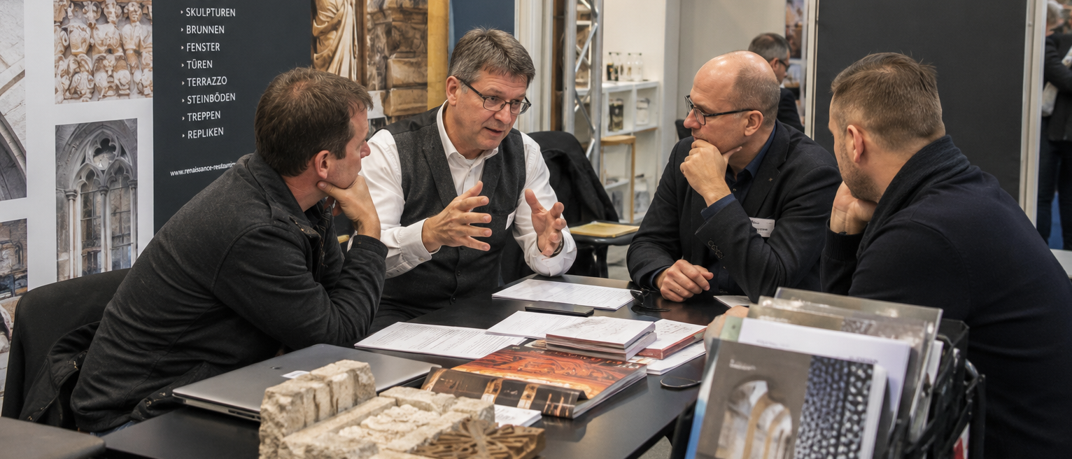 Kooperationsbörse CONTACT 2026 - internationale Geschäftsanbahnung für Denkmalpflege & Museumstechnik An einem Tisch sitzen mehrere Personen an einem Messestand und diskutieren interessiert.