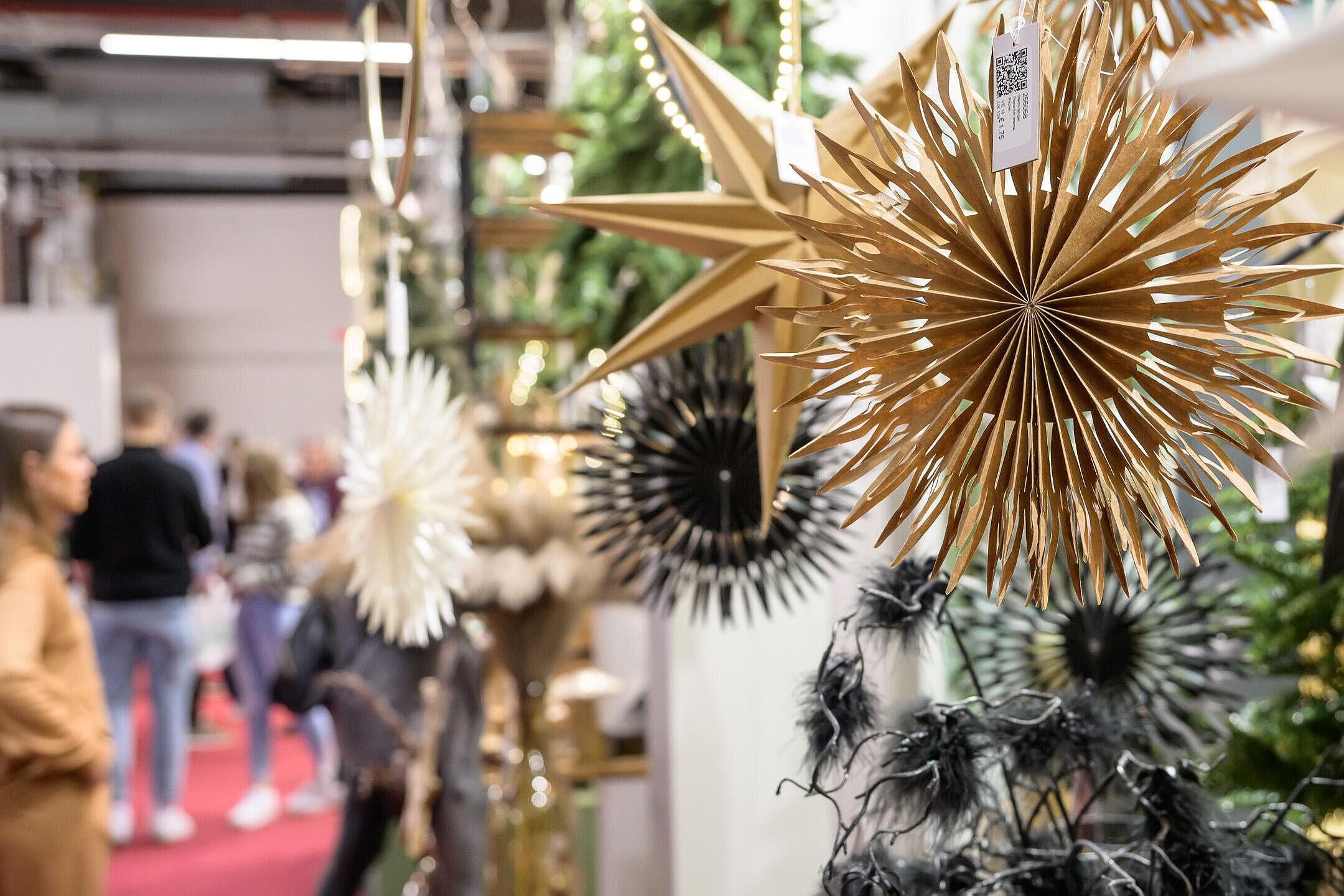 Messestand mit einer Makroaufnahme von Varianten eines Weihnachtssternes bzw. Weihnachtsschmuckes.