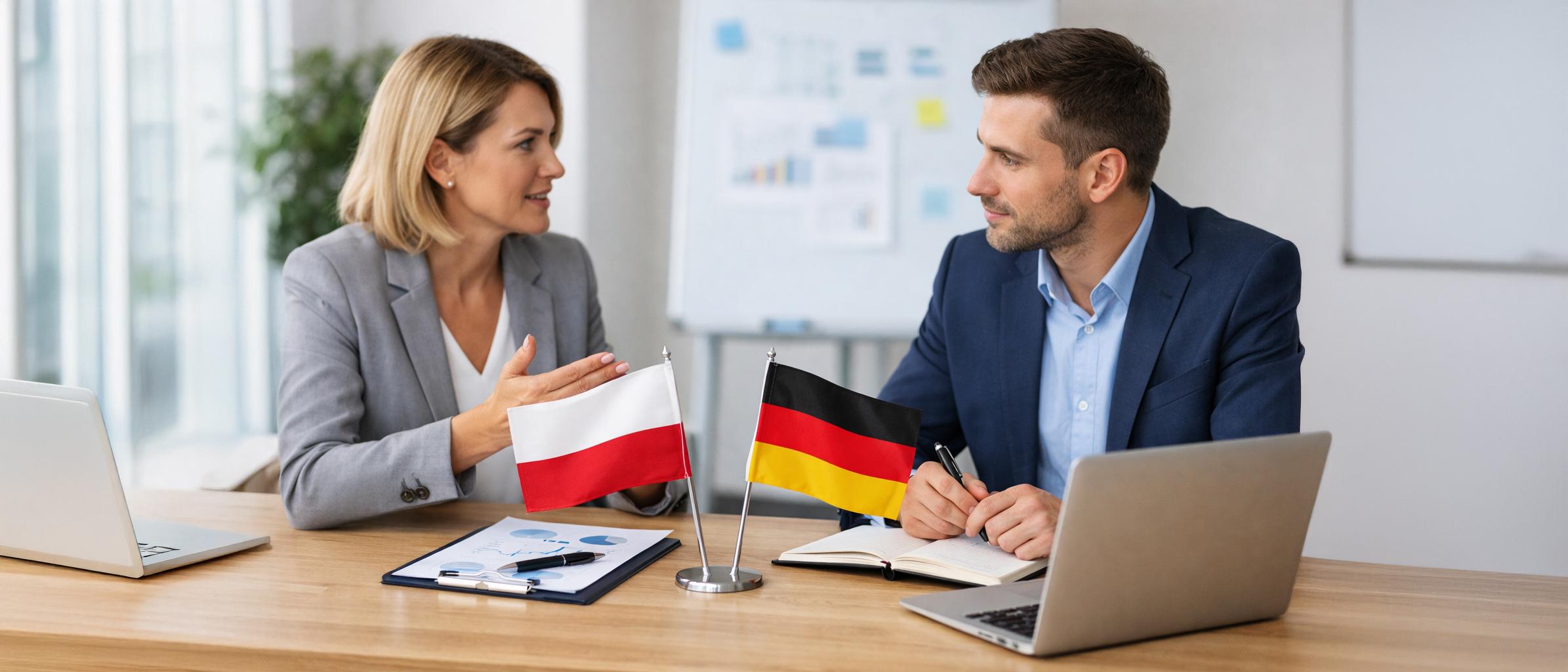 Zwei Personen sitzen an einem Tisch und führen ein Beratungsgespräch. Auf dem Tisch verschiedene Dokumente und ein Laptop sowie Tischfahnen der Länder Polen und Deutschland.
