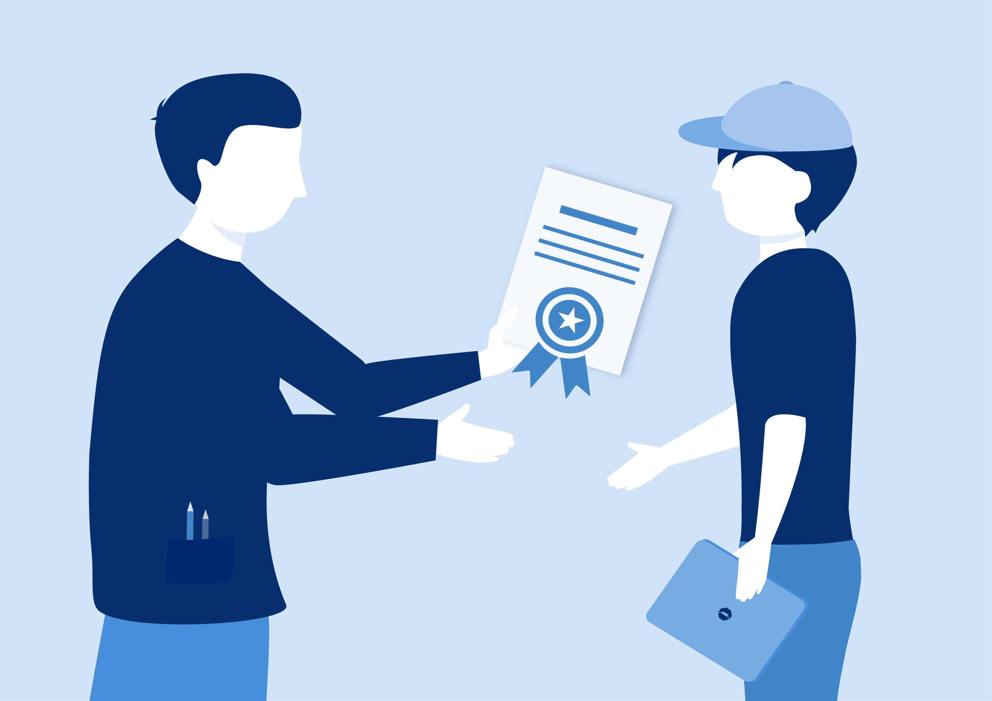 Illustration von zwei Personen. Eine Person hält eine Urkunde in der linken Hand und gratuliert der anderen Person, die ihr gegenübersteht, mit der rechten Hand.