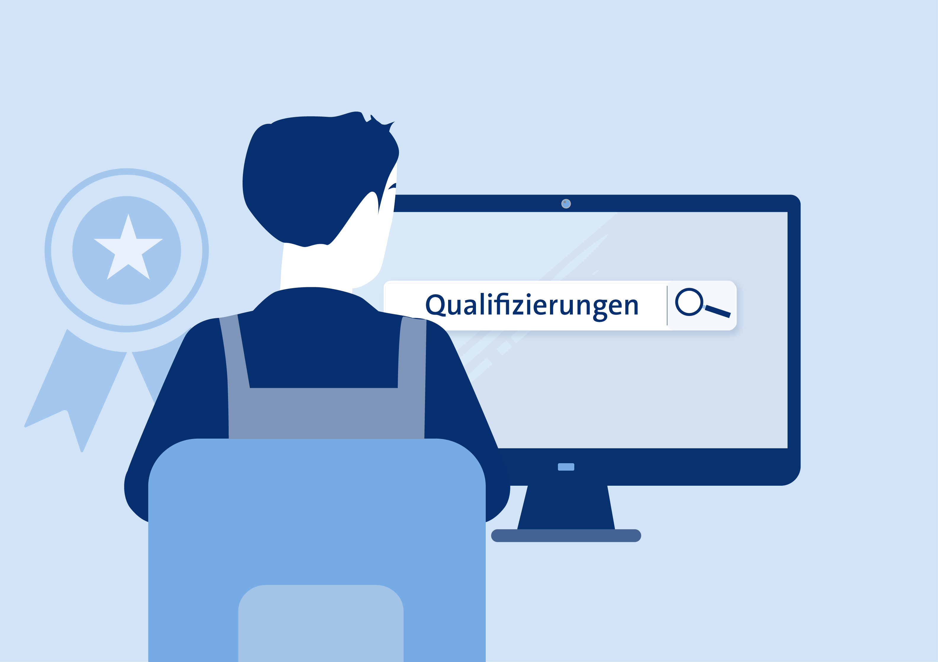 Illustration die eine Person zeigt, die vor einem Computer sitzt und nach Kursen sucht.