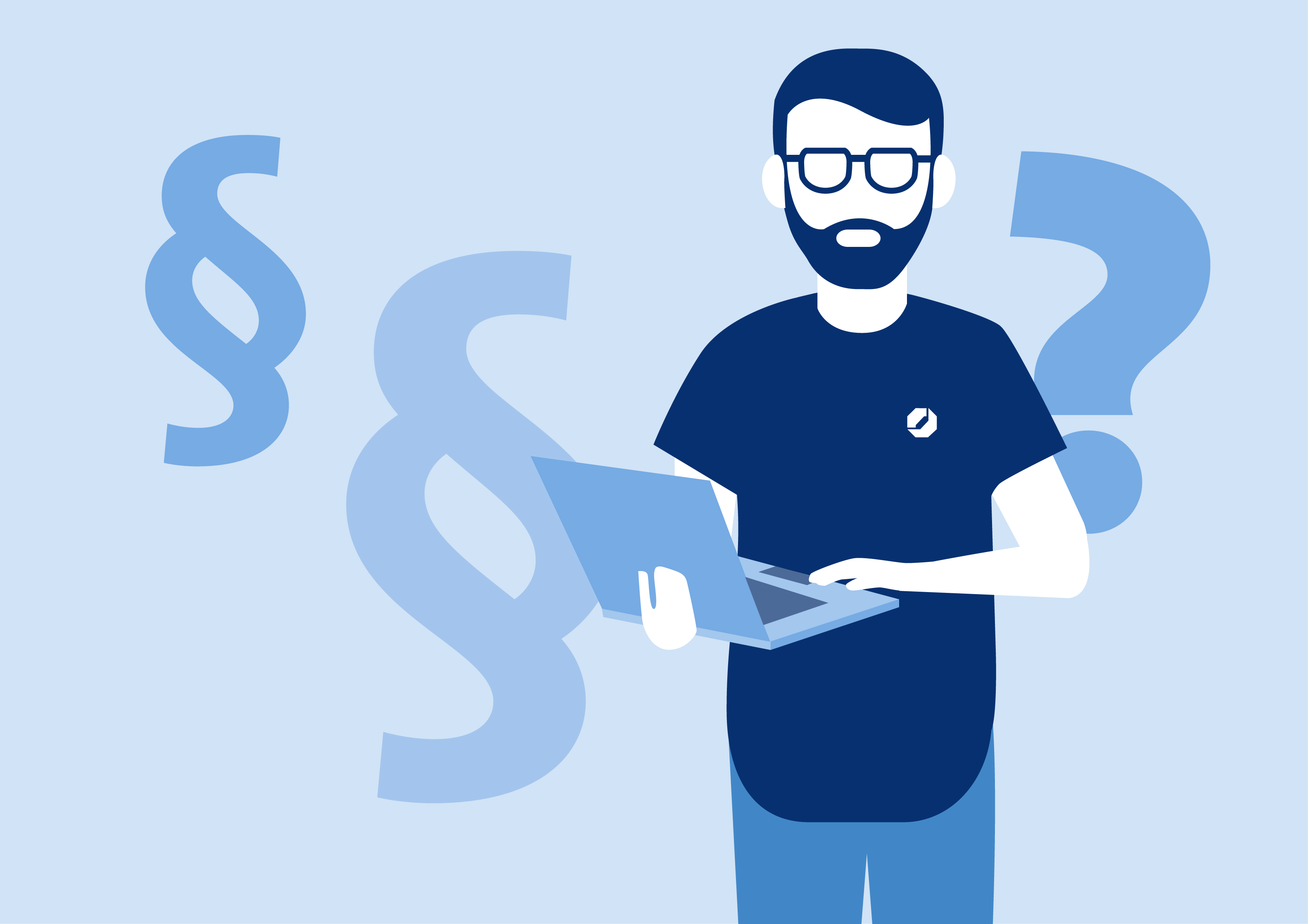 Illustration von einer Person mit Brille und einem Laptop in den Händen. Dahinter stehen Fragezeichen und Paragraphenzeichen.