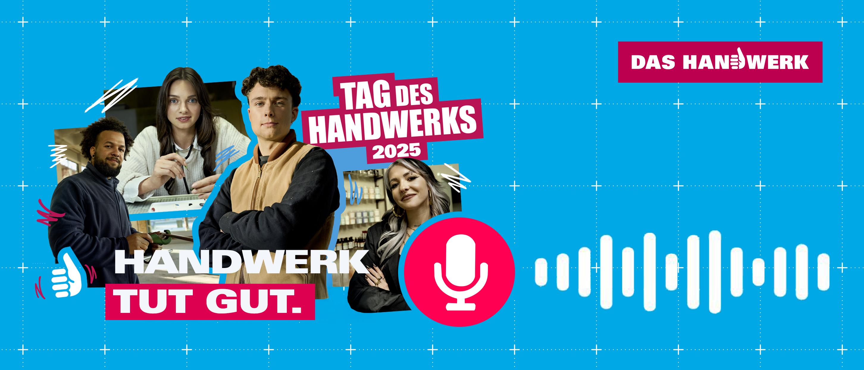 Handwerk tut gut – Livesendung zum Tag des Handwerks Es sind drei kreisförmig angeordnete Porträts zu sehen. Darunter steht der Schriftzug „Handwerk tut gut”.