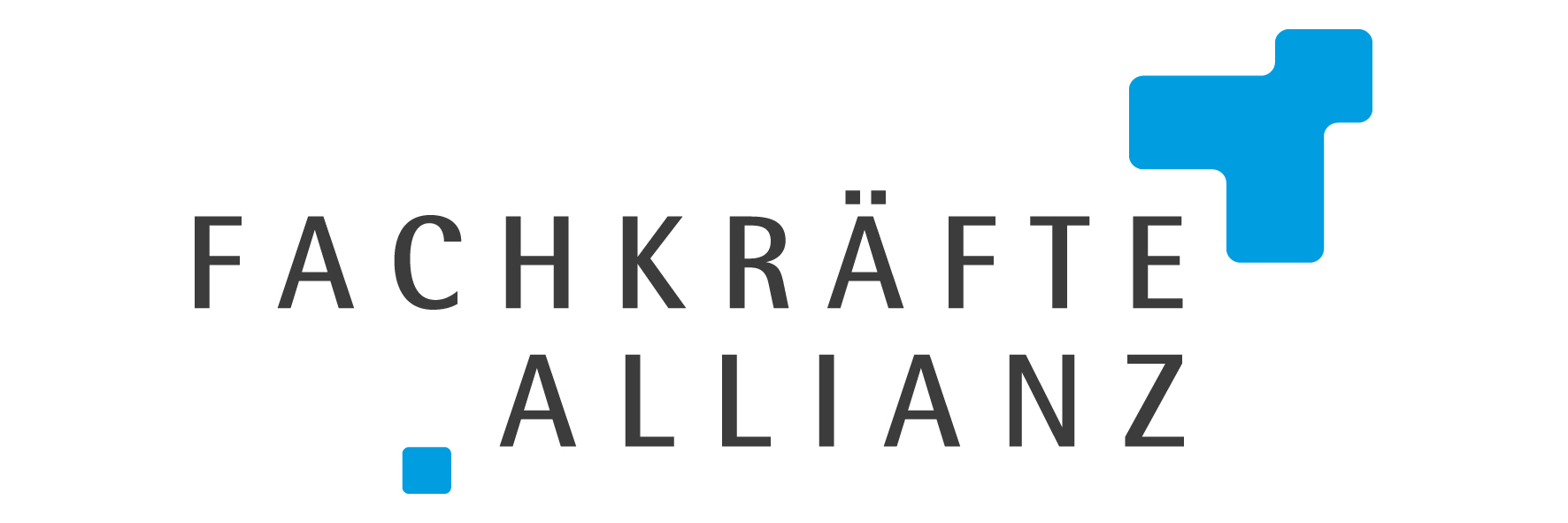 Logo bestehen aus dem schwarzen Schriftzug \"Fachkräfte Allianz\". Rechts oben und links unten befinden sich mehrere, kleine blauen Rechtecken, welche ineinander übergehen.