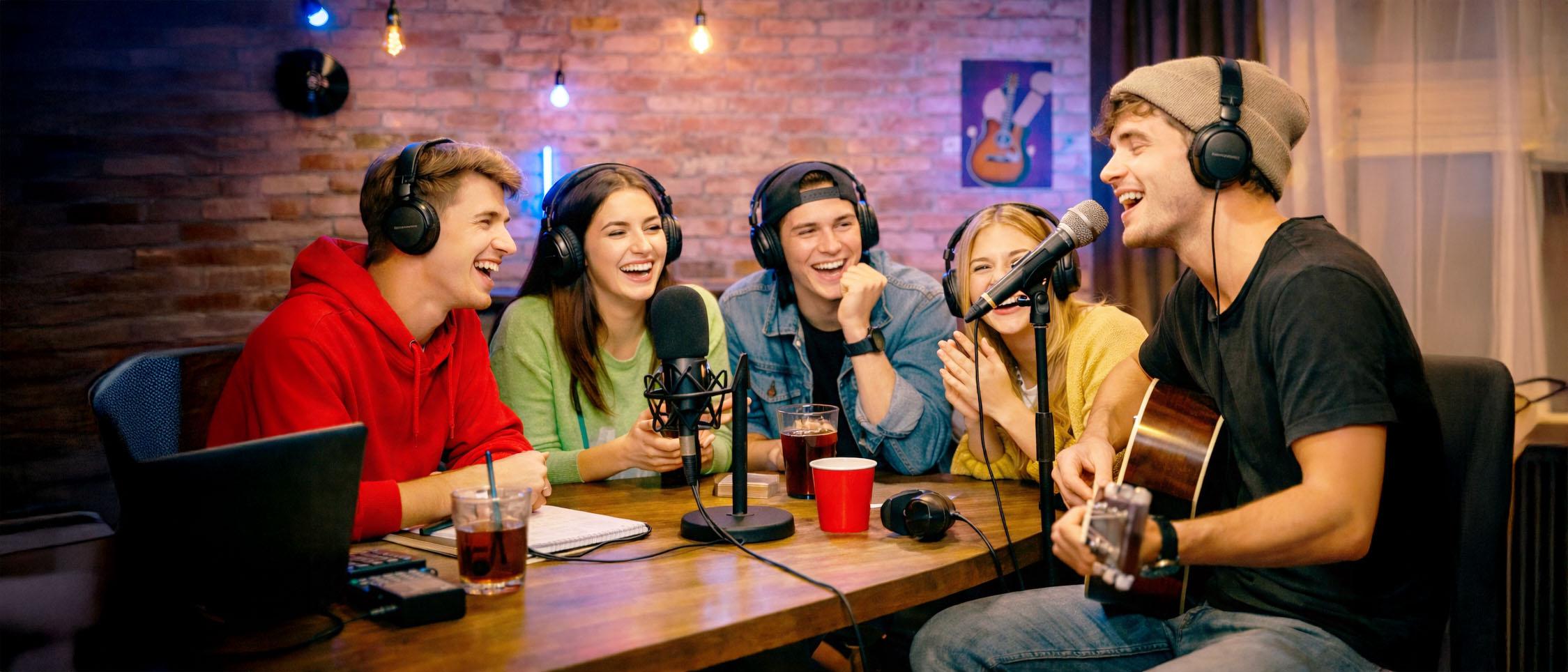 Mehrere Jugendliche sitzen an einem Tisch in einem Tonstudio und hören einem Gitarrenspieler lachend zu.